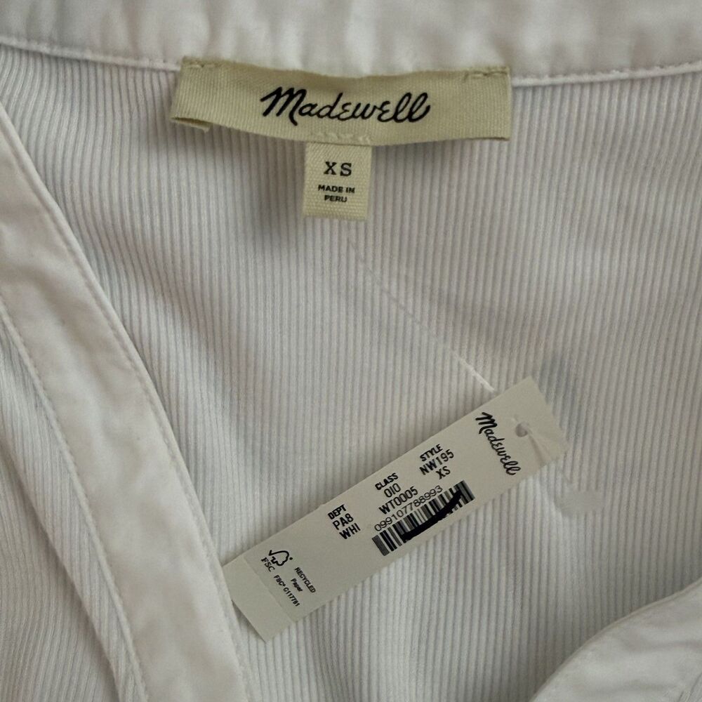 MADEWELL Puff-Sleeve Henley Knit Top XS White Ribbed Mix Media NWT B53 - Picture 4 of 6